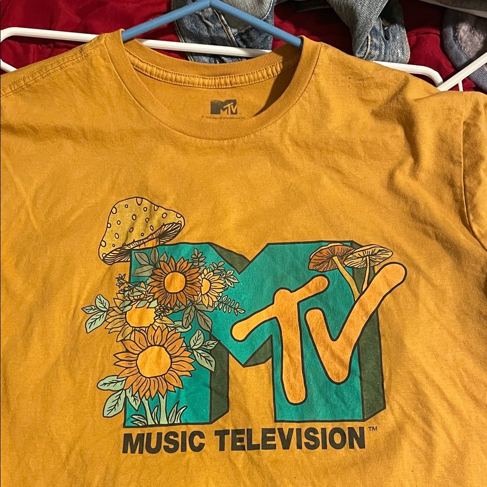 MTV Mustard Tee with Floral and Mushroom Art